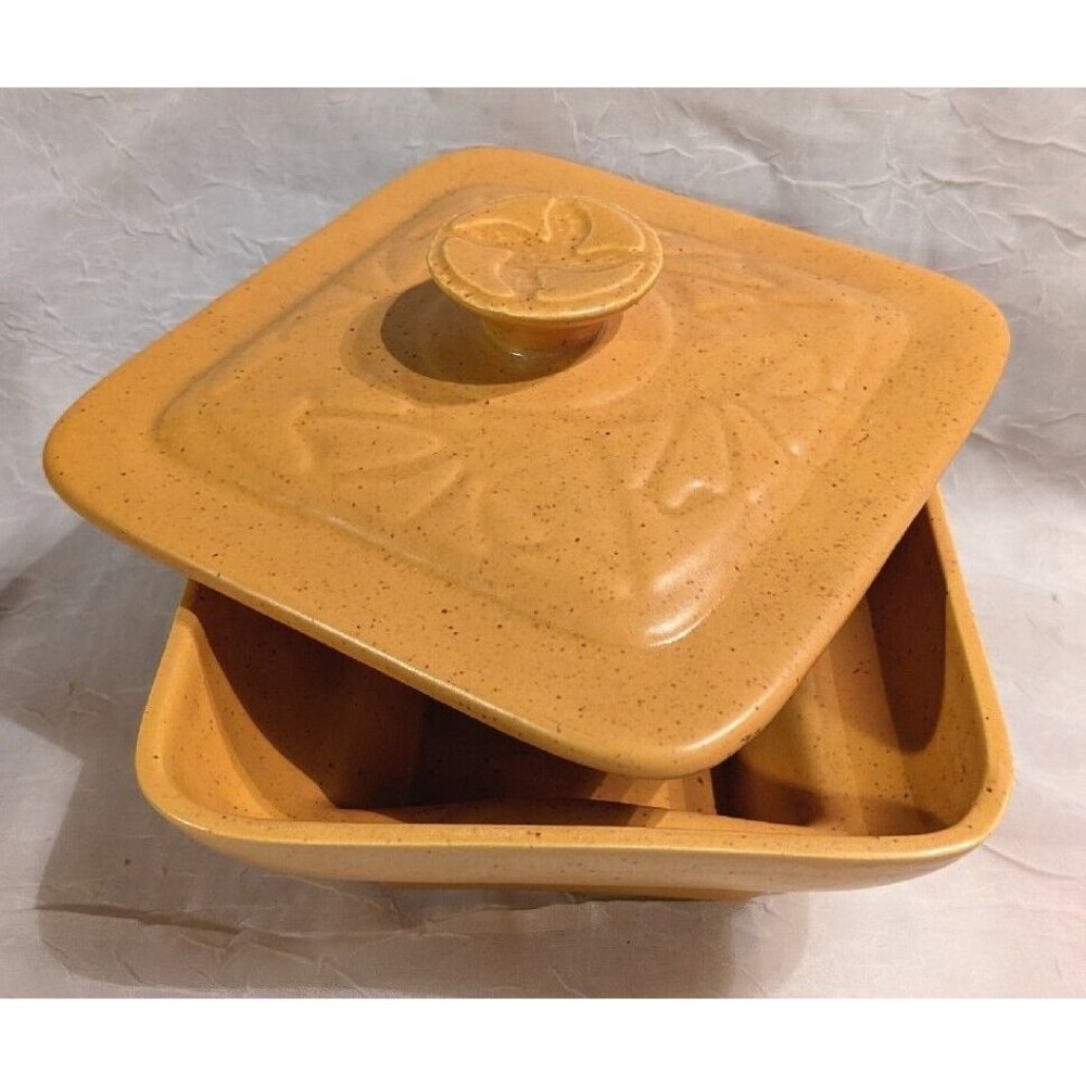 Vtg California Pottery Lid Dish L66 Yellow Gold Mid Century Speckled MCM Snack - Picture 6 of 16